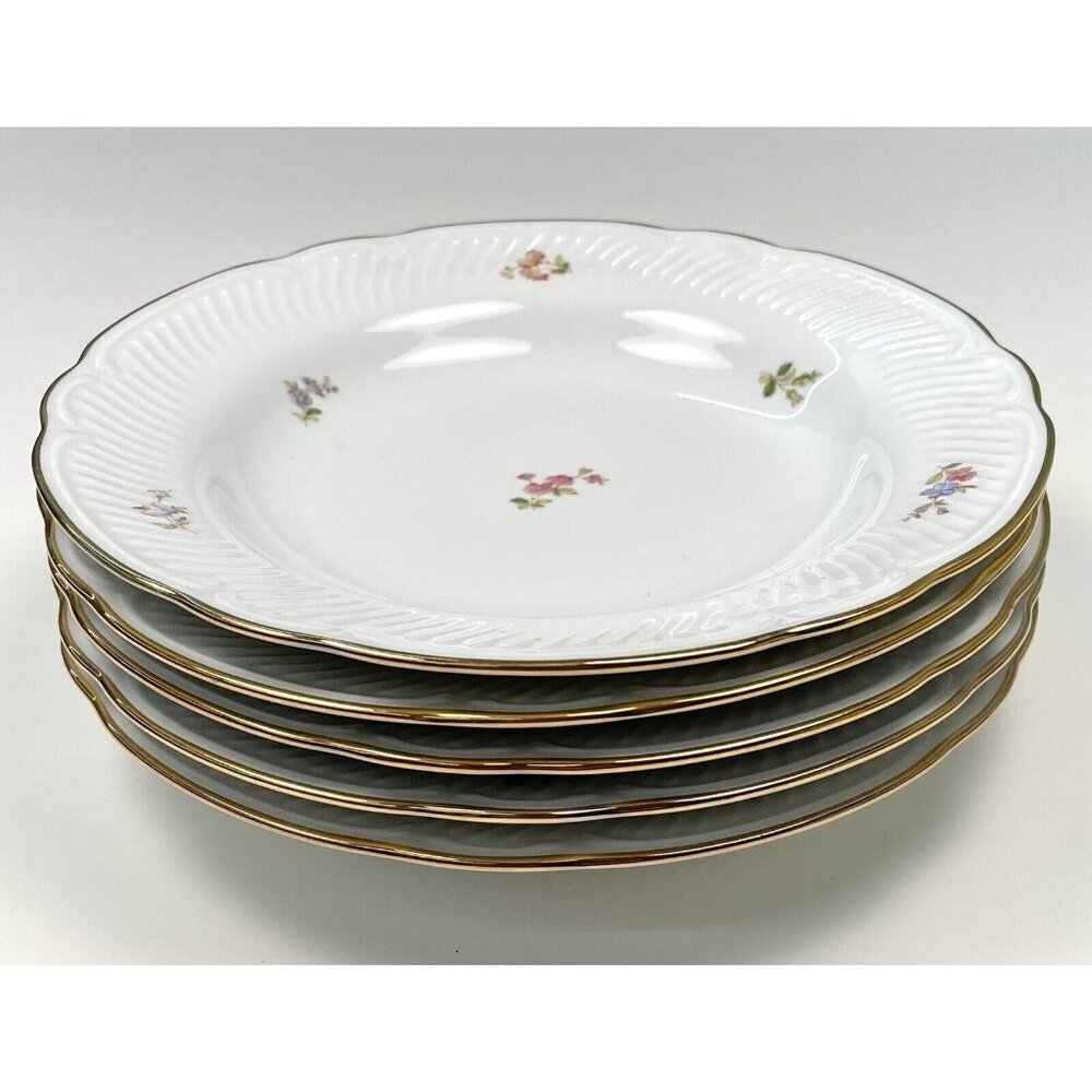 Set 5 RICHARD GINORI 9.25" GIN98 White Gold Rim Floral SOUP BOWLS Made in Italy